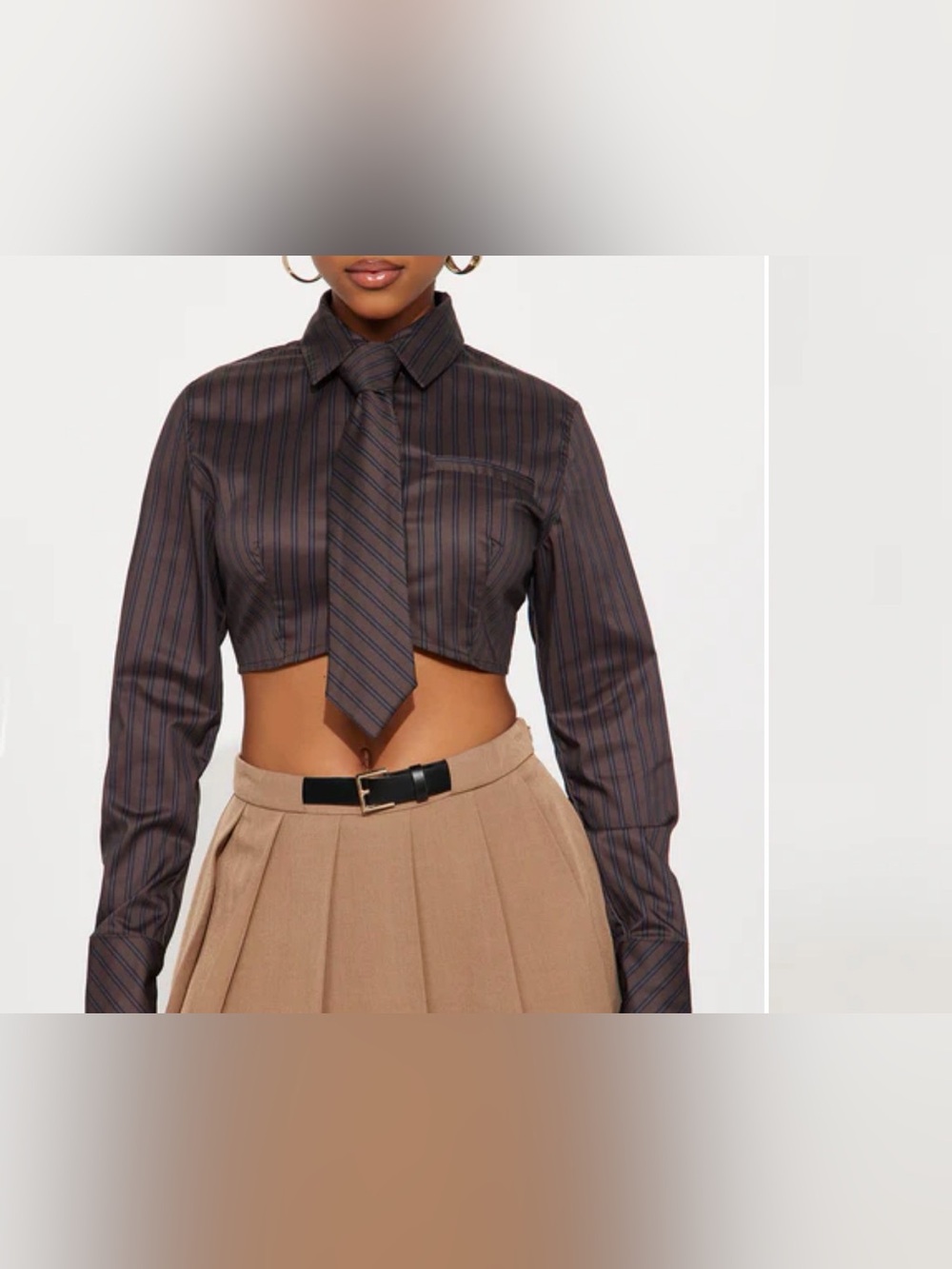 Fashion Nova Brown Pinstripe Cropped Button-Up with Tie